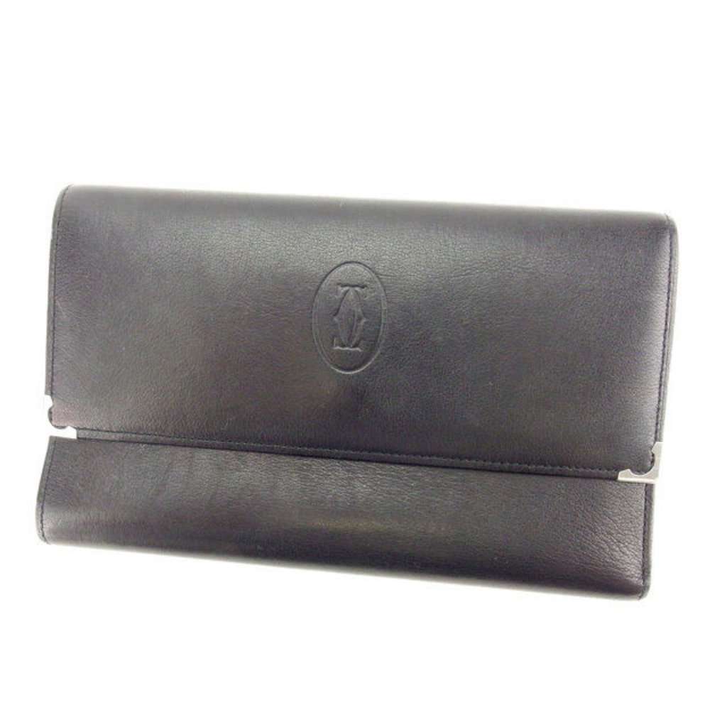 Cartier Wallet Purse Long Wallet Black Silver Woman Authentic Used